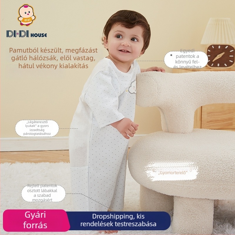 All-in-One bébi alvózsák rövid ujjú, vékony 100% pamut, szétválasztott lábak, hirtelen mozdulatok elleni védelem