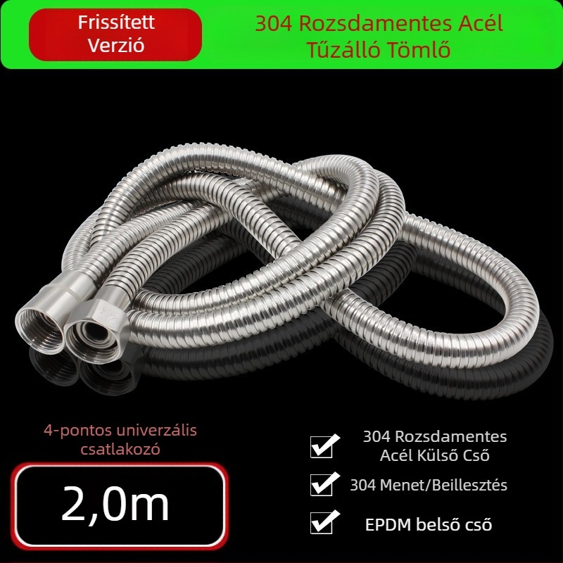 Rozsdamentes acél zuhanycső, robbanásbiztos, 1,2 MPa, 0–90°C, spirálos szerelés, 4 pontos univerzális modell, Three Penguins márka