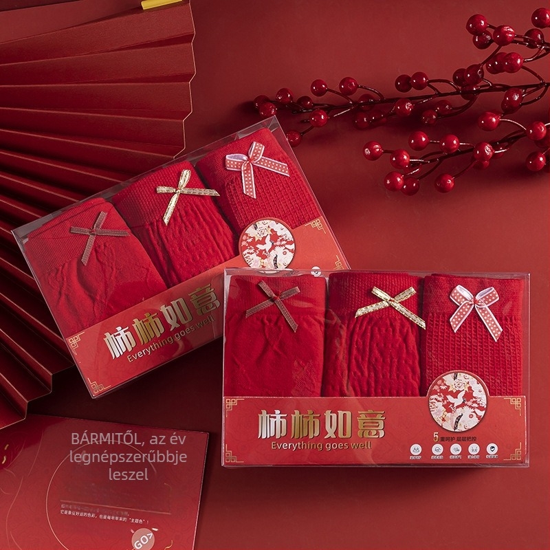 Vörös varrás nélküli középmagas derekú lányoknak szánt háromszög alakú alsónemű, pamut betéttel az ágyék körül, nylon anyagból, díszdobozos csomagolásban