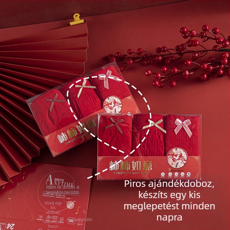 Vörös varrás nélküli középmagas derekú lányoknak szánt háromszög alakú alsónemű, pamut betéttel az ágyék körül, nylon anyagból, díszdobozos csomagolásban