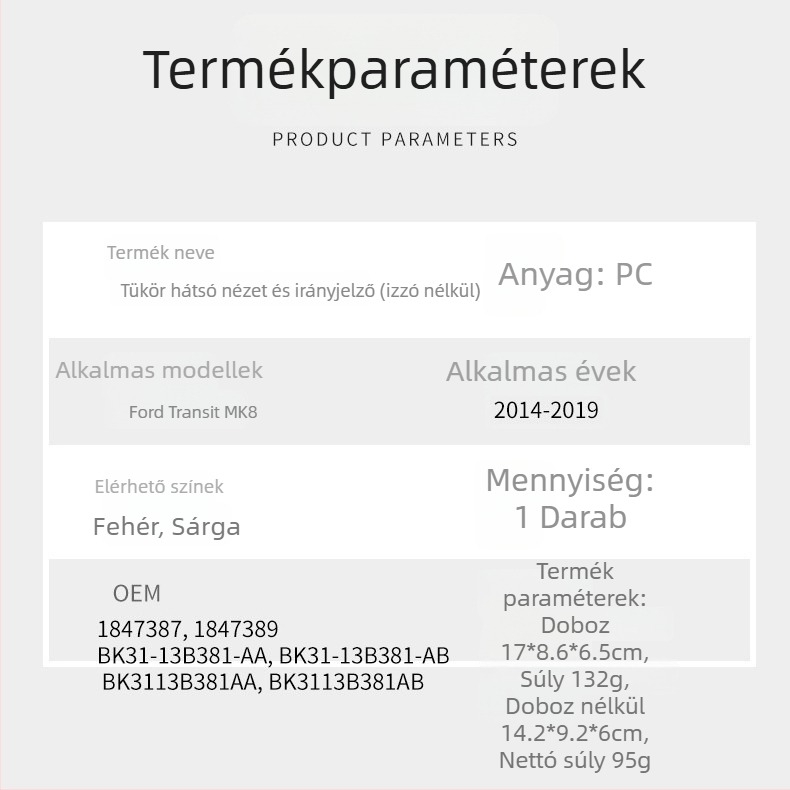 CZPINCHEN Ford Transit MK8 visszapillantó tükör jelzőfény ház, PC anyag, modellek BK31-13B381-AB / BK31-13B382-AB