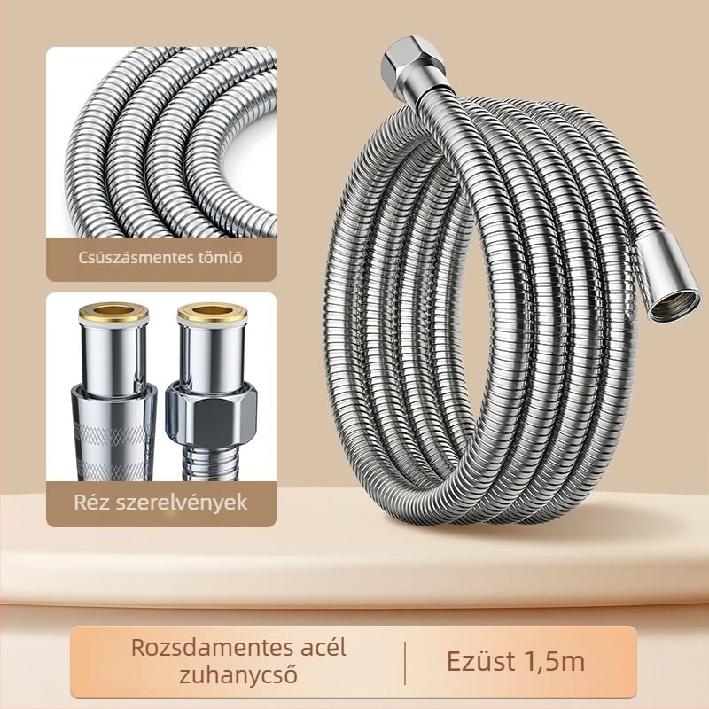 Rozsdamentes acél zuhanycső, falra szerelhető, sárgaréz csatlakozó, max. 80°C, névleges nyomás 1 MPa