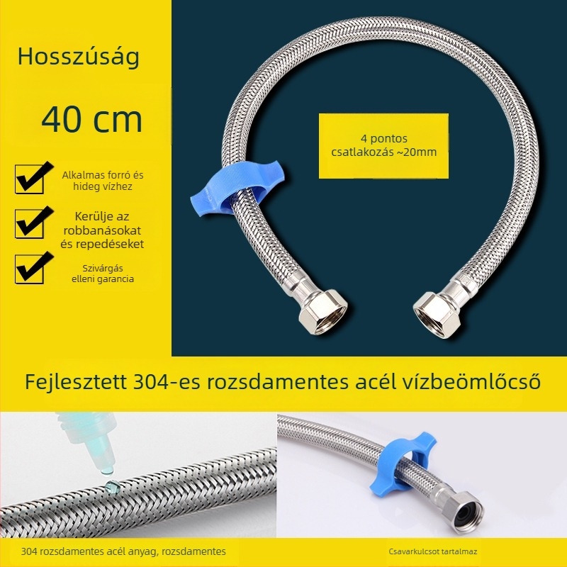 304 rozsdamentes acélból készült, szövött tömlő forró és hideg vízhez, kézi szerelés, 1,6 MPa, 0–100°C