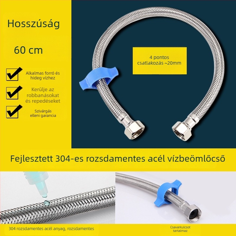 304 rozsdamentes acélból készült, szövött tömlő forró és hideg vízhez, kézi szerelés, 1,6 MPa, 0–100°C