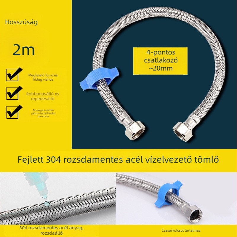 304 rozsdamentes acélból készült, szövött tömlő forró és hideg vízhez, kézi szerelés, 1,6 MPa, 0–100°C