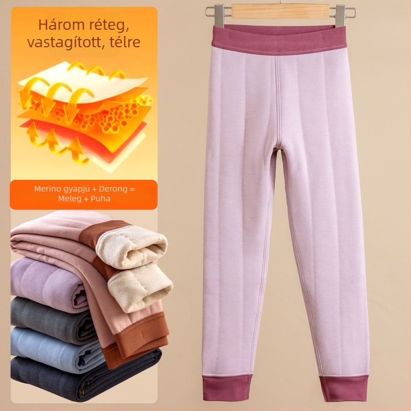 Gyerekek Termikus Leggings, Gyapjúkeverék, 10% Gyapjú, Kétoldalas Plüss Bélés, Őszi–Téli, Középmagas Derekú, Uniszex, 8+ évesek