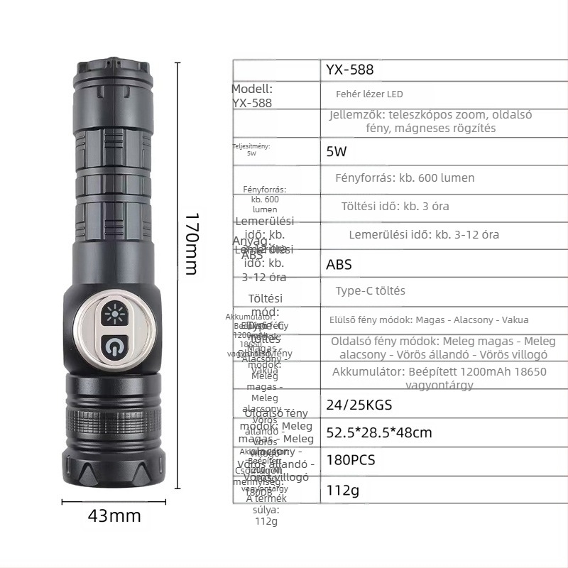Kézben tartható LED zseblámpa, 1000 lm, 120° fényszög, 200–500 m hatótáv, beépített 18650 akkumulátor 1200 mAh
