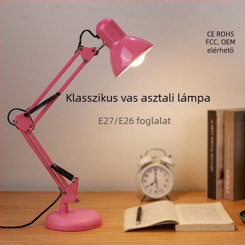 Fém asztali lámpa hosszú karú, összecsukható, vasból készült, irodai és kollégiumi világításhoz