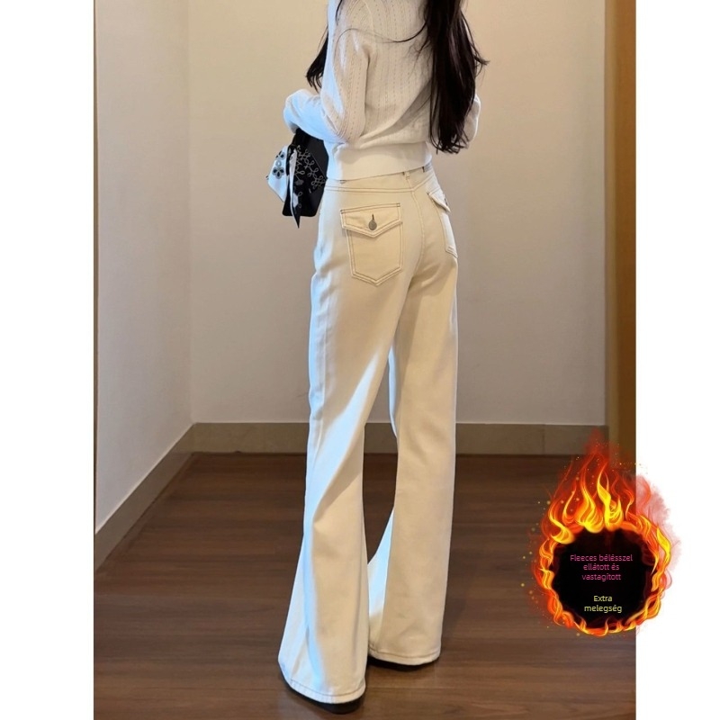 Női farmer denim fleece-béléssel, magas derekú, bootcut szabású, padlóig érő hosszúságú