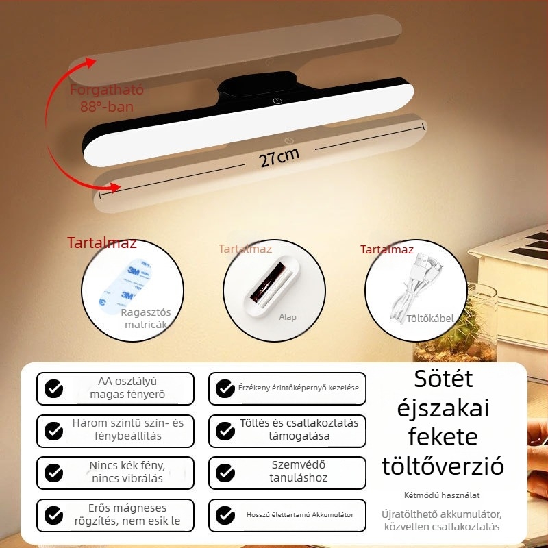 Intelligens állítható asztali lámpa mágneses gyors töltéssel, lépcsőzetes fényhőmérséklet-szabályozás, érintéses kapcsoló, USB tápegység, szemvédelmi funkció olvasáshoz