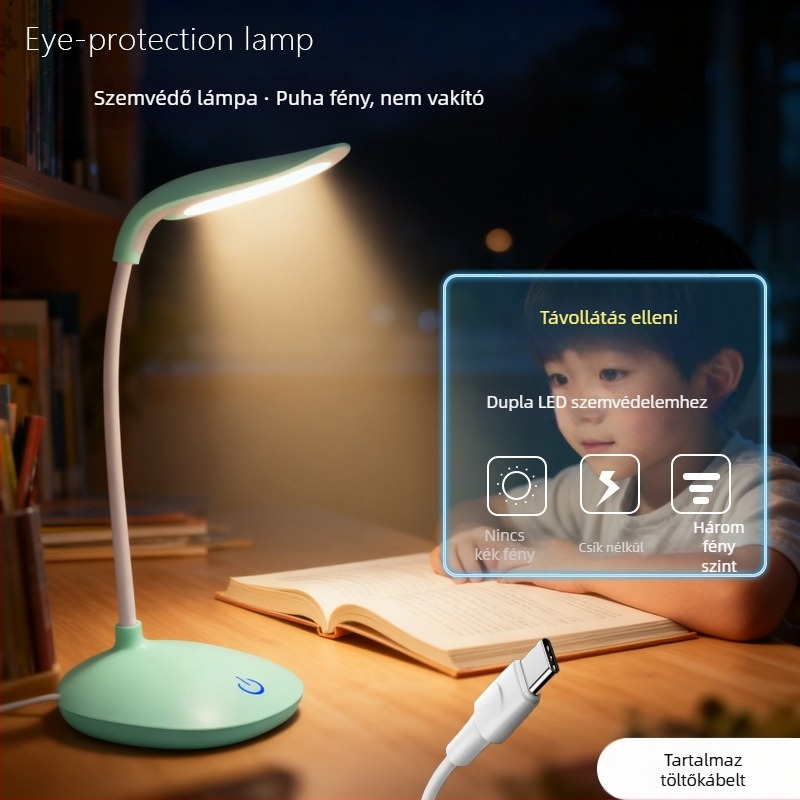 LED szemvédő asztali lámpa – újratölthető éjjeli fény, érintéses vezérlés, 5W, CRI≥90, műanyag árnyékoló