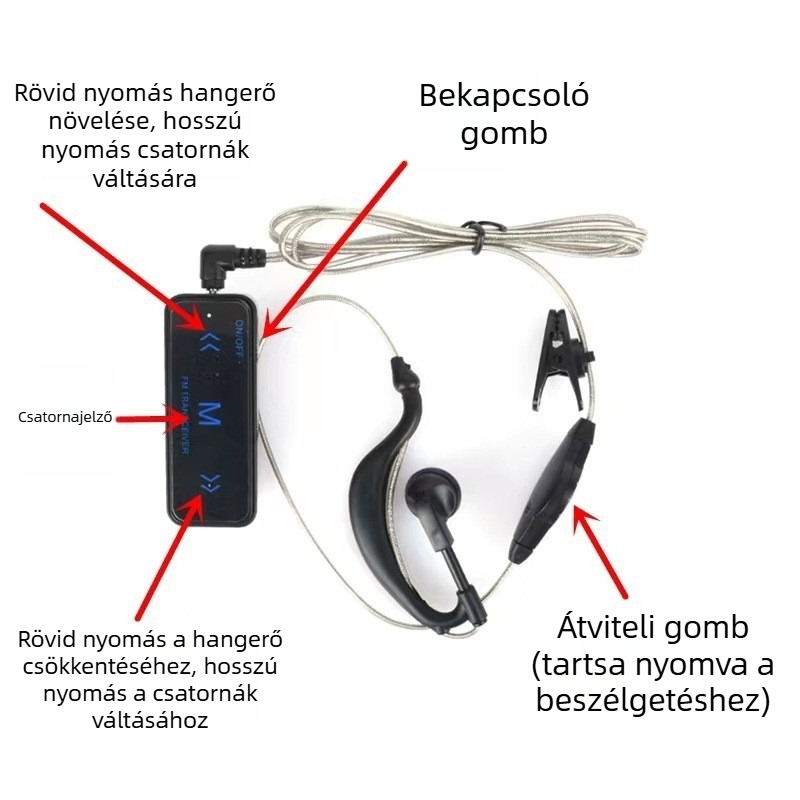 Zerui lavalier intercom, 16 csatorna, 1,5W, hatótávolság 1,5–3 km