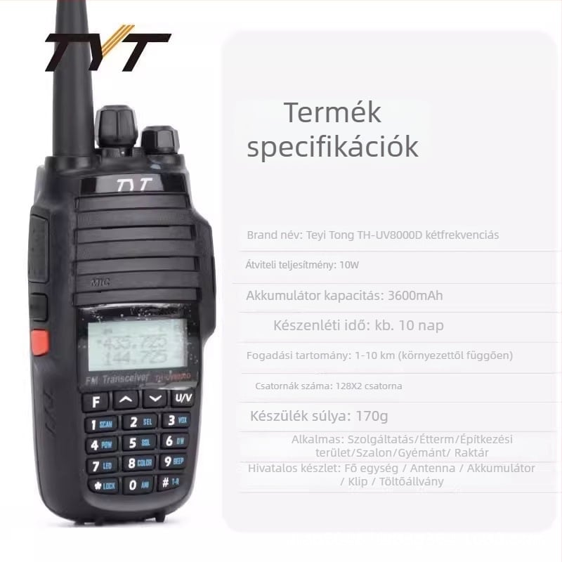 Walkie-Talkie TYT UV8000D | Kettős sáv, Kültéri kézi eszköz, Magas teljesítmény, 258 csatorna, 3600mAh akkumulátor