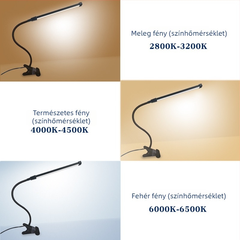 USB-klip LED asztali lámpa szemvédő funkcióval, 10 szintű fényerő-szabályozás és színhőmérséklet állítás
