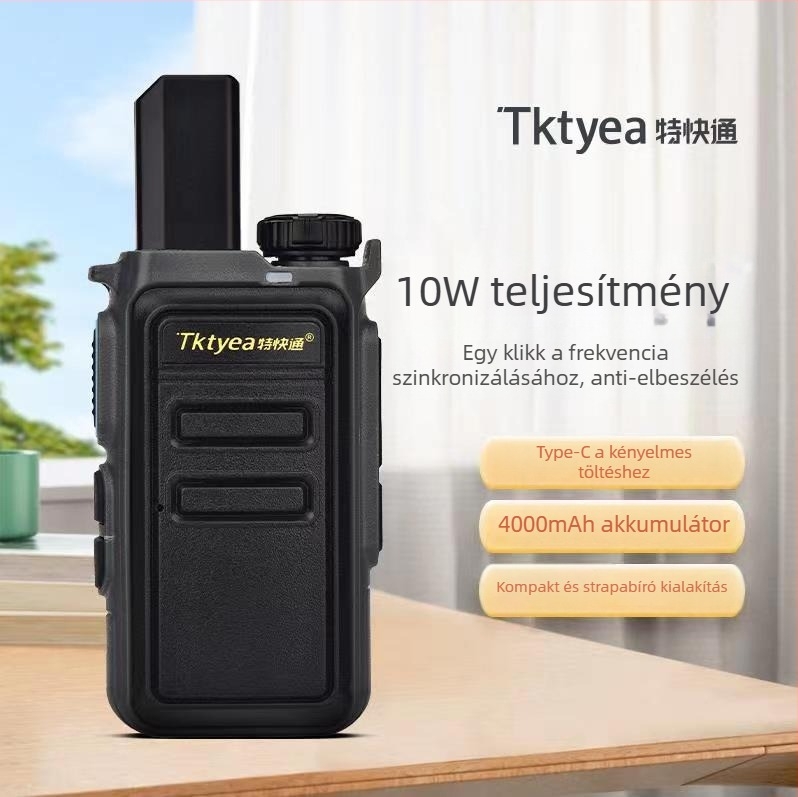 Hordozható walkie-talkie 16 csatornával, 10 W kimenet, 1,5–3 km tartomány, 3–5 km elméleti hatótáv, 4000 mAh akkumulátor
