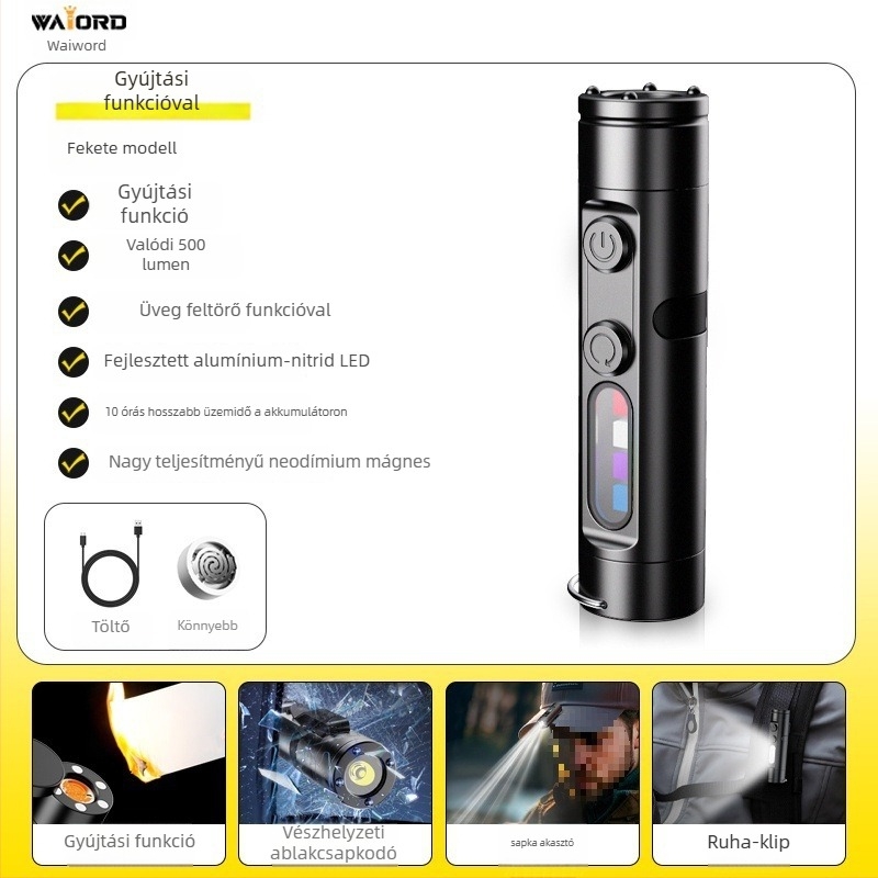 Újratölthető lítium-akkumulátoros kulcstartó zseblámpa Waiord LED-chip-pel, mágneses kültéri autó világítás