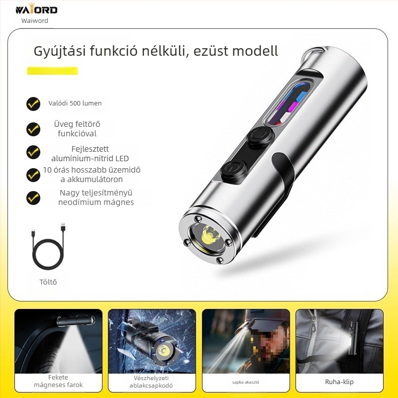 Újratölthető lítium-akkumulátoros kulcstartó zseblámpa Waiord LED-chip-pel, mágneses kültéri autó világítás