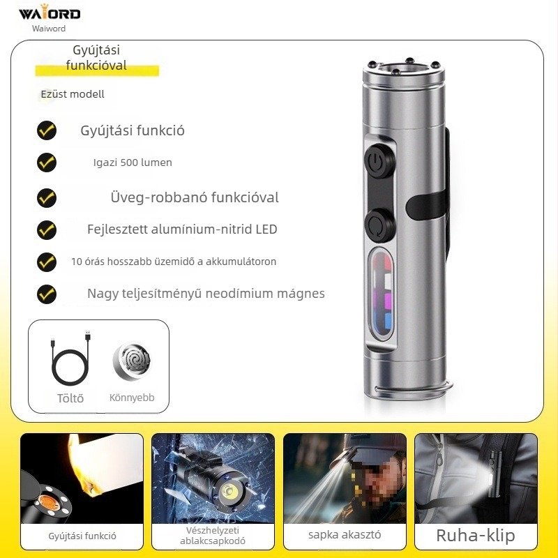 Újratölthető lítium-akkumulátoros kulcstartó zseblámpa Waiord LED-chip-pel, mágneses kültéri autó világítás