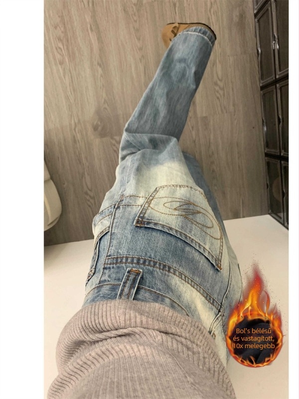 Női denimnadrág fleece béléssel, kék mosott, széles szabású, magas derekú, ősz-tél 2025