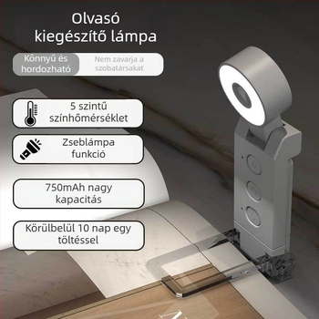 Könnyen hordozható LED olvasólámpa könyvklipssel, Clip-On, 5W, beépített akkumulátor, műanyag árnyékoló, CRI 80-89, CE tanúsítvány
