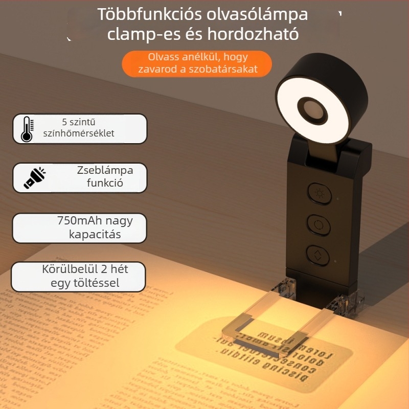 Könnyen hordozható LED olvasólámpa könyvklipssel, Clip-On, 5W, beépített akkumulátor, műanyag árnyékoló, CRI 80-89, CE tanúsítvány
