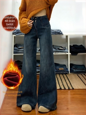 Han Niu 2025 Női denim széles szárú farmernadrág fleece-sel bélelt, magas derék, enyhén bővülő fazon