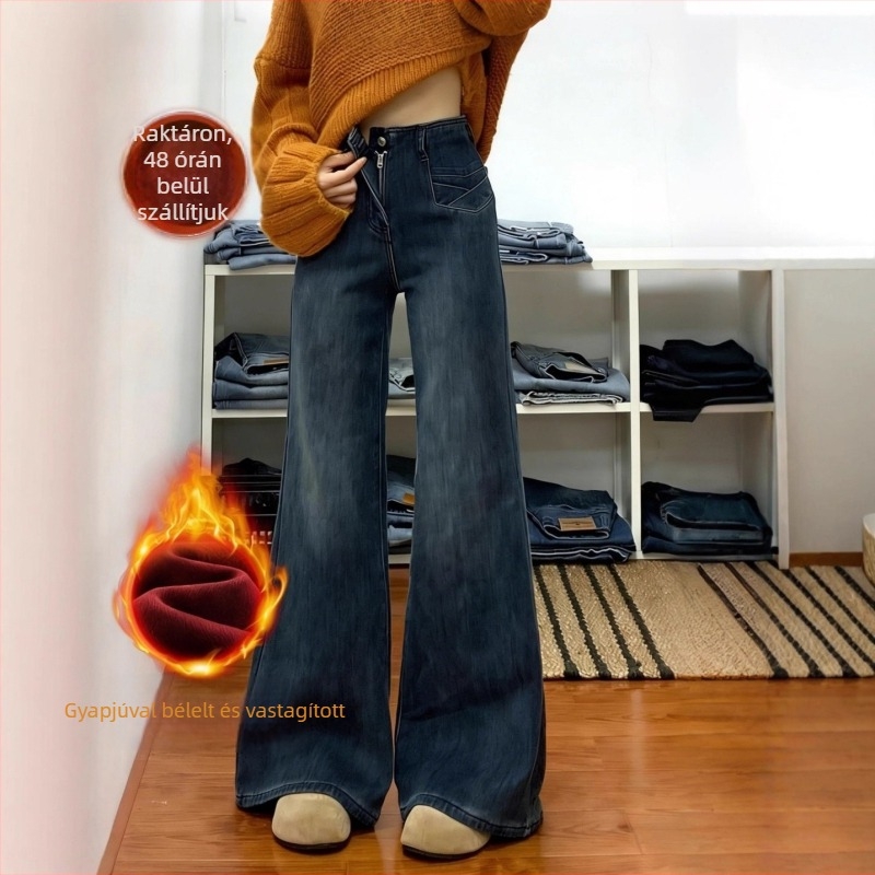 Han Niu 2025 Női denim széles szárú farmernadrág fleece-sel bélelt, magas derék, enyhén bővülő fazon