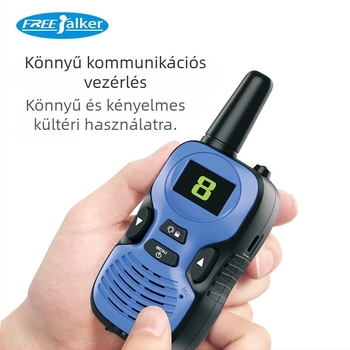 Gyerekeknek szóló okos walkie-talkie | 8–10 csatorna, 400–470 MHz, <0,5 W, hatótávolság 1,5–3 km, működtetési feszültség 4,5 V