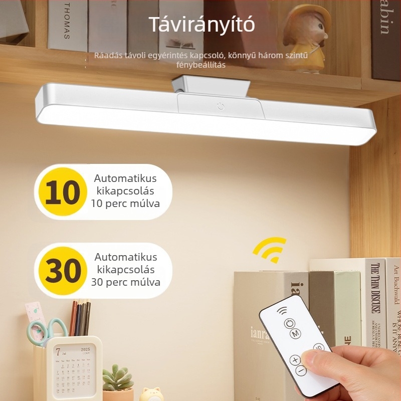 LED asztali lámpa mágneses akasztóval, érintéses kapcsolóval, beépített Li-ion akkumulátor, tanuláshoz, CRI ≥90, 1–10W, műanyag árnyékoló