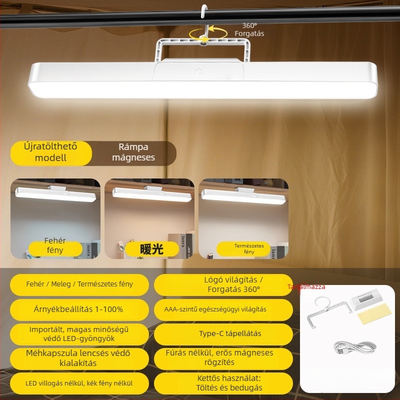 LED asztali lámpa mágneses akasztóval, érintéses kapcsolóval, beépített Li-ion akkumulátor, tanuláshoz, CRI ≥90, 1–10W, műanyag árnyékoló