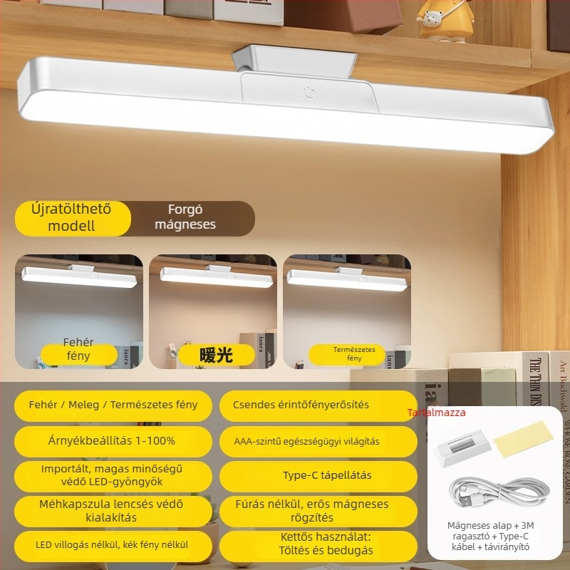 LED asztali lámpa mágneses akasztóval, érintéses kapcsolóval, beépített Li-ion akkumulátor, tanuláshoz, CRI ≥90, 1–10W, műanyag árnyékoló