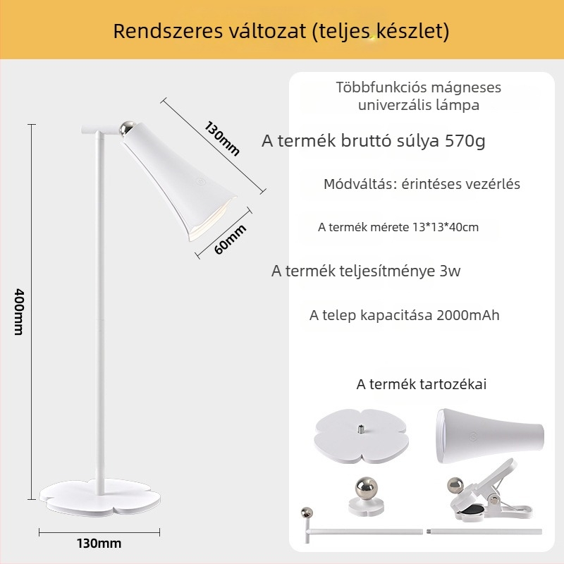 Szemvédő LED asztali lámpa 3-in-1 mágneses klip, újratölthető, érintéses kapcsolóval, 5W, CRI≥95
