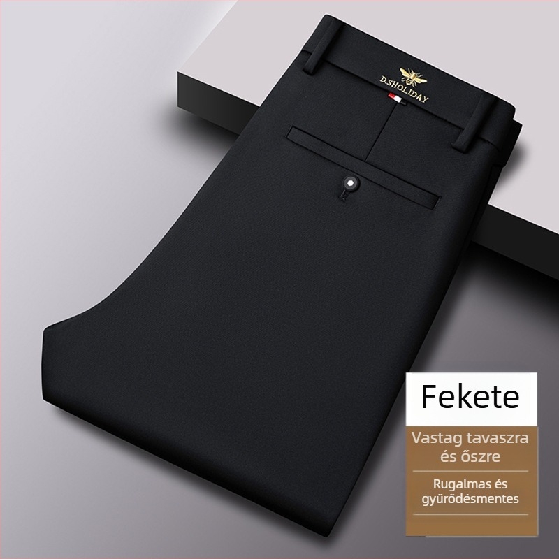 Férfi őszi-téli egyenes szabású nadrág fleece-béléssel, méh hímzéssel, üzleti-kos casual stílus