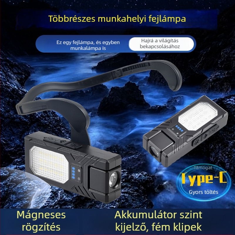 LED fejlámpa szenzorral, újratölthető, 1500mAh akkumulátor, 100-200 m fénysugár, ABS ház