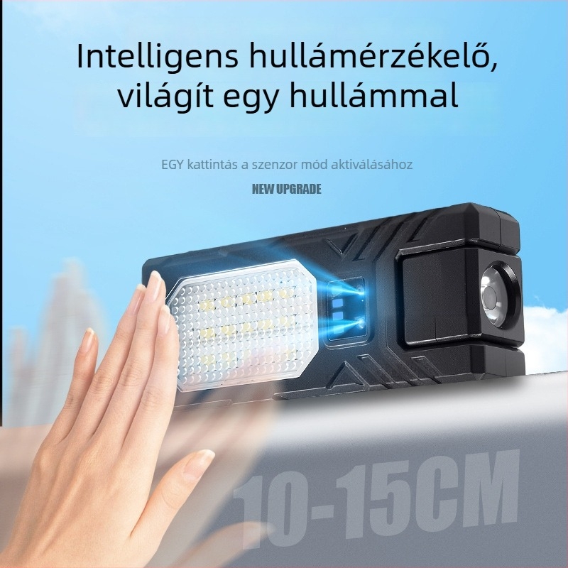 LED fejlámpa szenzorral, újratölthető, 1500mAh akkumulátor, 100-200 m fénysugár, ABS ház