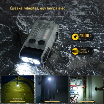 Háromfejű kulcstartó LED zseblámpa, alumínium ötvözet test + PC ház, 1100 mAh akkumulátor, 350+ lumen, vízálló, kézi töltés.