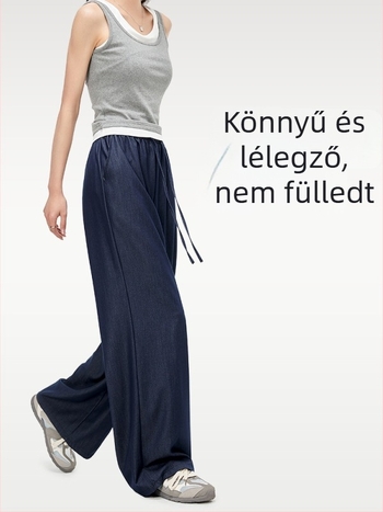 Női farmerok: széles lábú, egyenes szabás, elasztikus derék, Tencel (Lyocell) és poliészter keverék, mosott felület, mikro-elasztikusság