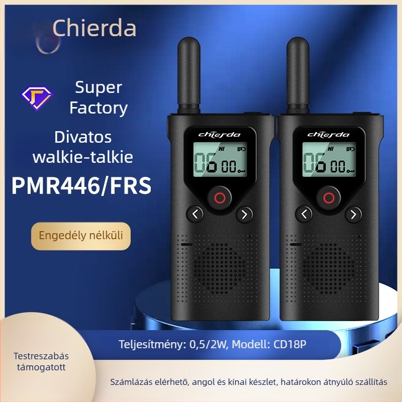 Childa CD18P hordozható walkie-talkie, PMR446/FRS, 0,5/2 W, 8/22 csatorna, hatótáv 1,5–3 km, lítiumakkumulátor
