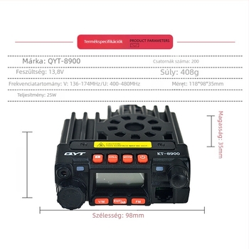 Autóba szerelt QYT KT8900 nagy teljesítményű rádió autós túrákhoz és off-road kommunikációhoz; 136-174/400-480MHz, 25W, 200 csatorna, 5–10 km hatótáv, 13,8V cigarettagyújtó tápegység