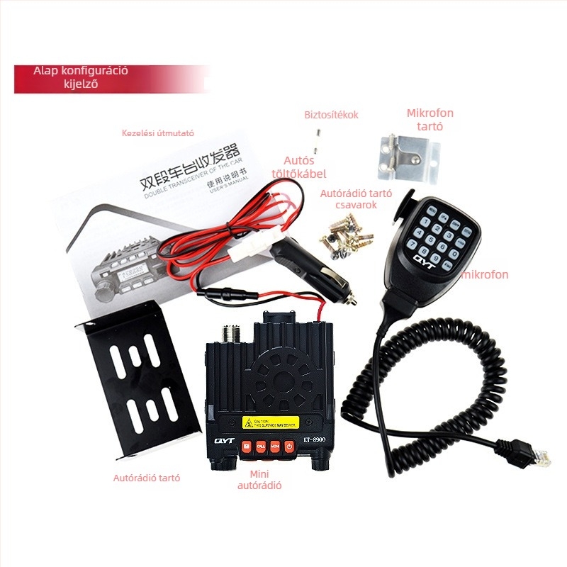 Autóba szerelt QYT KT8900 nagy teljesítményű rádió autós túrákhoz és off-road kommunikációhoz; 136-174/400-480MHz, 25W, 200 csatorna, 5–10 km hatótáv, 13,8V cigarettagyújtó tápegység