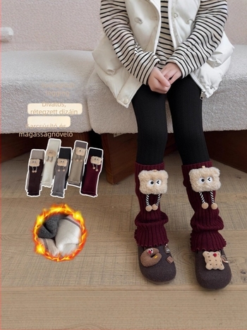 Lányoknak készült fleecével bélelt vastag téli leggings integrált zoknis mandzsettával, egyszínű cropped fazon