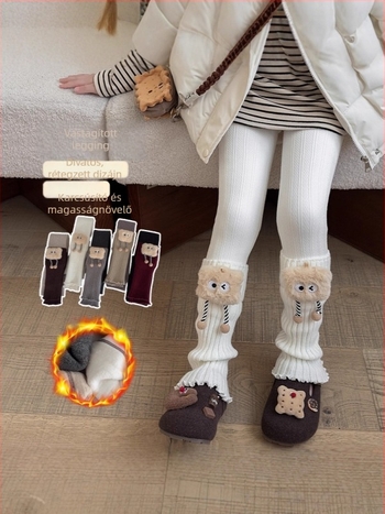 Lányoknak készült fleecével bélelt vastag téli leggings integrált zoknis mandzsettával, egyszínű cropped fazon