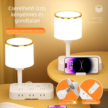 Többcélú asztali lámpa beépített konnektorral és égővel, szemvédő tanulólámpa, éjszakai lámpa távirányítóval