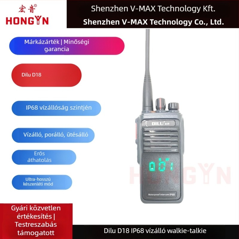 Dilu D18 IP68 vízálló professzionális kétirányú rádió, 400–470 MHz, 10 W, 16 csatorna, akár 50 km hatótáv, 5800 mAh Li‑ion akkumulátor, 7.4 V