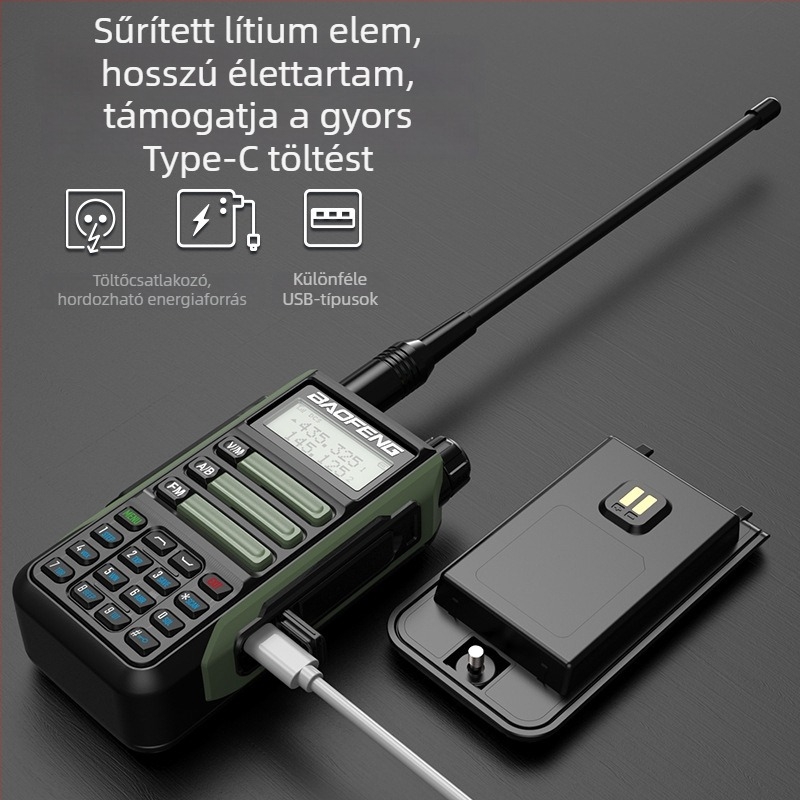 Baofeng BF-UV16 PLUS kettős-sávos vízálló kézi rádió, 128 csatorna, 5W/10W kimenet, 8000mAh akkumulátor