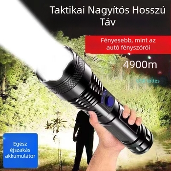 Zseblámpa alumíniumötvözet testtel és lézeres fényforrással — újratölthető, hosszú hatótávolságú fény, akkumulátorról működik.