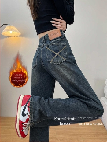 Cement szürke farmernadrág nőknek fleece-szel bélelt, széles lábú, magas derékú, egyenes szabású, őszi-téli