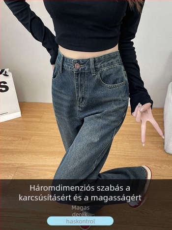 Cement szürke farmernadrág nőknek fleece-szel bélelt, széles lábú, magas derékú, egyenes szabású, őszi-téli