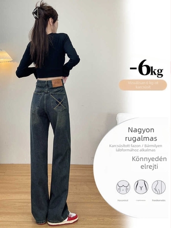 Cement szürke farmernadrág nőknek fleece-szel bélelt, széles lábú, magas derékú, egyenes szabású, őszi-téli