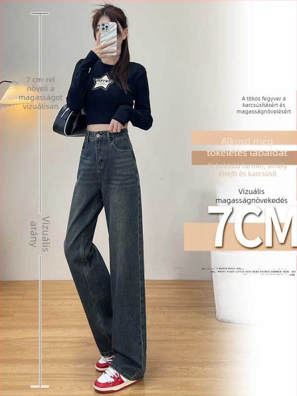 Cement szürke farmernadrág nőknek fleece-szel bélelt, széles lábú, magas derékú, egyenes szabású, őszi-téli